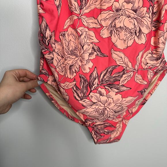 Isabel Maternity Floral Halter One Piece Swimsuit Coral Pink Peony Print L - Picture 3 of 8